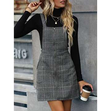 Floerns Women's Casual Tartan Print Zip Up Sleeveless Pinafore Overall Dress Grey M