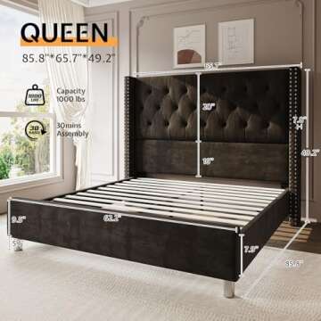 Jocisland Queen Bed Frame Upholstered Bed Wingback Headboard Velvet Tufted Diamond Button/No Box Spr...