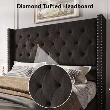 Jocisland Queen Bed Frame Upholstered Bed Wingback Headboard Velvet Tufted Diamond Button/No Box Spring Needed/Easy Assembly/Black