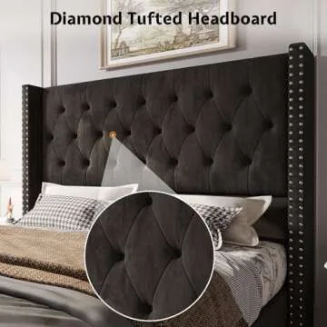 Jocisland Queen Bed Frame Upholstered Bed Wingback Headboard Velvet Tufted Diamond Button/No Box Spring Needed/Easy Assembly/Black