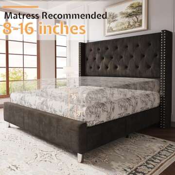Jocisland Queen Bed Frame Upholstered Bed Wingback Headboard Velvet Tufted Diamond Button/No Box Spring Needed/Easy Assembly/Black