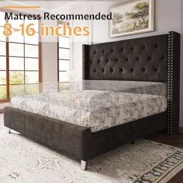 Jocisland Queen Bed Frame Upholstered Bed Wingback Headboard Velvet Tufted Diamond Button/No Box Spring Needed/Easy Assembly/Black