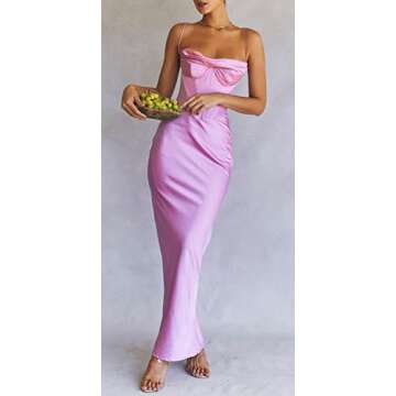 Women Sexy Satin Corset Bodycon Maxi Dress Silky Spaghetti Strap Push Up Fishbone Ruched Evening Party Long Dresses