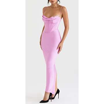 Women Sexy Satin Corset Bodycon Maxi Dress Silky Spaghetti Strap Push Up Fishbone Ruched Evening Party Long Dresses