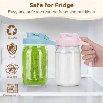 2 Pack Wide Mouth Mason Jar Lids with Leak-Proof Seal, Mason Jar Pour Spout Lid with Flip Cap and Handle, Plastic Canning Lids for Milk, Salad, Dressing, Drinking Storage Bottle, Pink