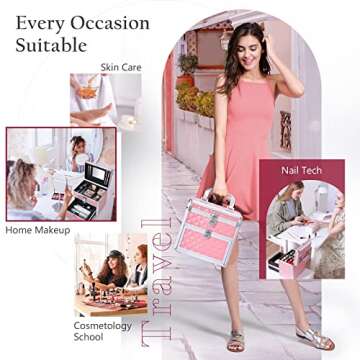 Frenessa Makeup Box Makeup Train Case Cosmetic Storage Organzier Nail Polish Box for Makeup Artist, Nail Tech Student, Craft Cosmetology Case with Mirror Drawer and Dividers Manicure Organizer Travel