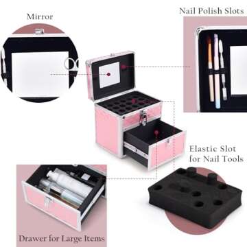 Frenessa Makeup Box Makeup Train Case Cosmetic Storage Organzier Nail Polish Box for Makeup Artist, Nail Tech Student, Craft Cosmetology Case with Mirror Drawer and Dividers Manicure Organizer Travel