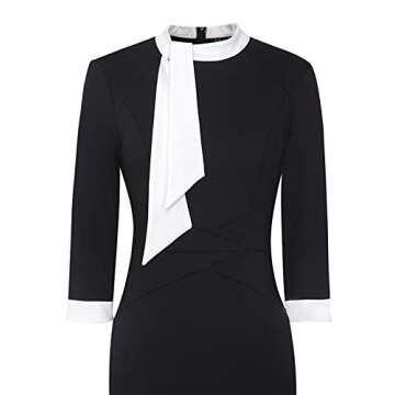 VFSHOW Womens Colorblock Bow Tie Neck Slim Cocktail Party Work Business Office Black and White Bodycon Pencil Sheath Dress 8169 BLK L