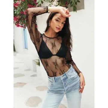 MEROKEETY Womens 2025 Spring Lace Sheer Mesh Top Crewneck Sexy Y2k See Through Going Out Long Sleeve Blouse Shirts, Black, X-Large