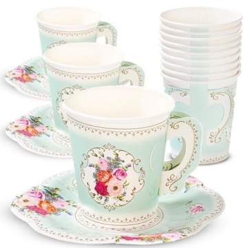 Talking Tables Mint Green Vintage Floral Paper Tea Cups & Saucers - Disposable Elegance for Every Oc...