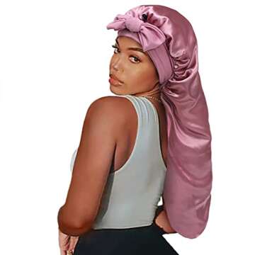 Satin Silk Bonnet Hair Cap: Long Bonnets with Elastic Tie Band Adjustable Straps Jumbo Size Sleep fo...