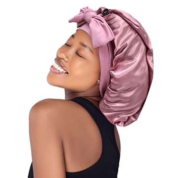 Satin Silk Bonnet Hair Cap: Long Bonnets with Elastic Tie Band Adjustable Straps Jumbo Size Sleep for Sleeping Comfortable - Stretchy Tie Band Bonnets for Women Long Braid Curly Hair No Slip-Off