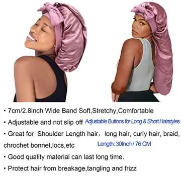 Satin Silk Bonnet Hair Cap: Long Bonnets with Elastic Tie Band Adjustable Straps Jumbo Size Sleep for Sleeping Comfortable - Stretchy Tie Band Bonnets for Women Long Braid Curly Hair No Slip-Off