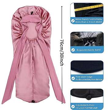Satin Silk Bonnet Hair Cap: Long Bonnets with Elastic Tie Band Adjustable Straps Jumbo Size Sleep for Sleeping Comfortable - Stretchy Tie Band Bonnets for Women Long Braid Curly Hair No Slip-Off