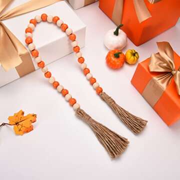 Fall Decorations Harvest Wood Bead Garland with Tassel, Home Farmhouse Tiered Tray Decor with Jute Rope Plaid Tassel, Rustic Fall Décor for Mantle Porch Door Shelf Orange White Rae Dunn Fall Beads