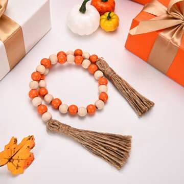 Fall Decorations Harvest Wood Bead Garland with Tassel, Home Farmhouse Tiered Tray Decor with Jute Rope Plaid Tassel, Rustic Fall Décor for Mantle Porch Door Shelf Orange White Rae Dunn Fall Beads