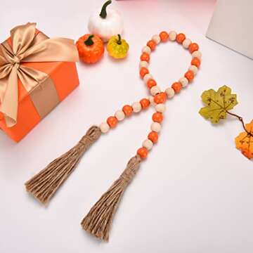 Fall Decorations Harvest Wood Bead Garland with Tassel, Home Farmhouse Tiered Tray Decor with Jute Rope Plaid Tassel, Rustic Fall Décor for Mantle Porch Door Shelf Orange White Rae Dunn Fall Beads