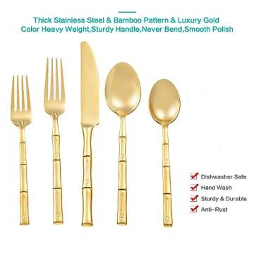 Flatasy Gold Flatware Set for 8 - Elegant Bamboo Design
