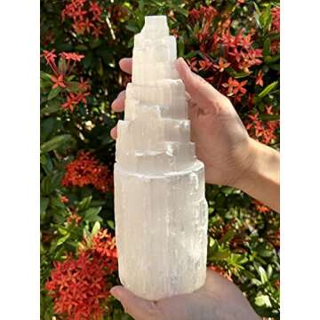 GAF TREASURES Selenite Skyscraper Lamp, 6", 8", 10", 12", 16" Tall Selenite Tower Lamp, Natural White Healing Crystal Lamp, Selenite Crystal Lamp, Pick A Size (12-13")