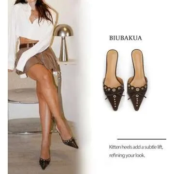 BIUBAKUA Kitten Heels for Women Brown Pointed Toe Heels Studded Slip On Bow Heels Mules Faux Suede Pumps Kitten Heel Sandals