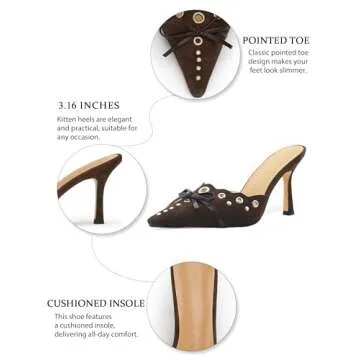 BIUBAKUA Kitten Heels for Women Brown Pointed Toe Heels Studded Slip On Bow Heels Mules Faux Suede Pumps Kitten Heel Sandals