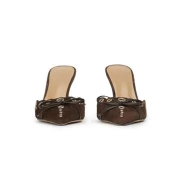 BIUBAKUA Kitten Heels for Women Brown Pointed Toe Heels Studded Slip On Bow Heels Mules Faux Suede Pumps Kitten Heel Sandals