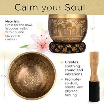 Telsha Meditative Deep Singing Bowl with Mallet and Cushion - Tibetan Sound Bowls for Energy Healing, Mindfulness, Grounding, Zen, Meditation - Exquisite, Unique Home Decor and Gift Sets, 1693