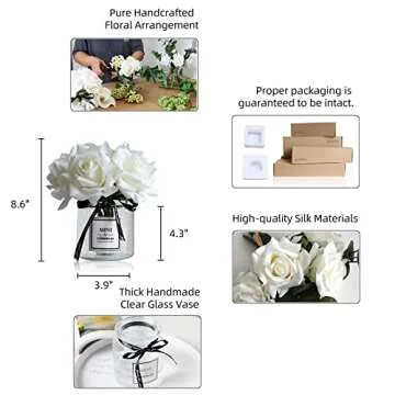 Beautiful Faux White Roses in Glass Vase for Home Decor