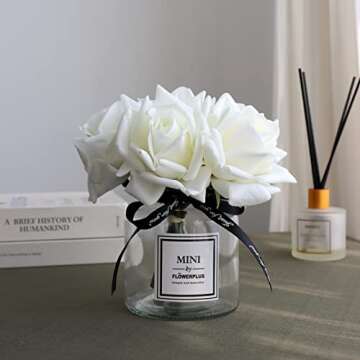 grtefhu Artificial Flowers with White Roses in Vase, Fake Flowers in Glass Jar with Ribbon, Silk Flower Arrangements in Vase with Artificial Flowers for Home Dining Table Decor.