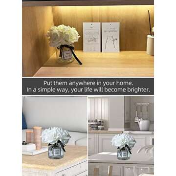 grtefhu Artificial Flowers with White Roses in Vase, Fake Flowers in Glass Jar with Ribbon, Silk Flower Arrangements in Vase with Artificial Flowers for Home Dining Table Decor.