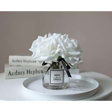 grtefhu Artificial Flowers with White Roses in Vase, Fake Flowers in Glass Jar with Ribbon, Silk Flower Arrangements in Vase with Artificial Flowers for Home Dining Table Decor.