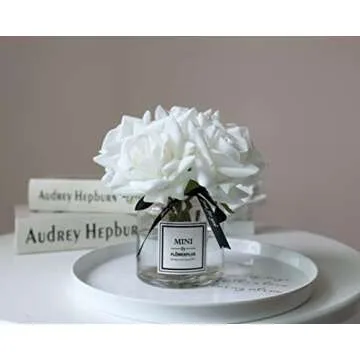 Beautiful Faux White Roses in Glass Vase for Home Decor