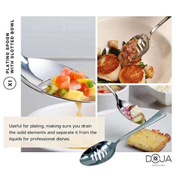 DOJA Barcelona | Chef Plating Tools Culinary Set | Gold | 7 Professional Cooking Utensils | 3 Kitchen Tweezers Drawing Pencil Spoon Fish Tongs Spatula Slotted Spoon | Modernist Cuisine Food Art