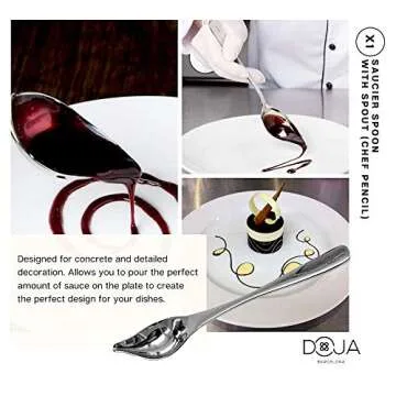 DOJA Barcelona | Chef Plating Tools Culinary Set | Gold | 7 Professional Cooking Utensils | 3 Kitchen Tweezers Drawing Pencil Spoon Fish Tongs Spatula Slotted Spoon | Modernist Cuisine Food Art