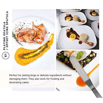 DOJA Barcelona | Chef Plating Tools Culinary Set | Gold | 7 Professional Cooking Utensils | 3 Kitchen Tweezers Drawing Pencil Spoon Fish Tongs Spatula Slotted Spoon | Modernist Cuisine Food Art