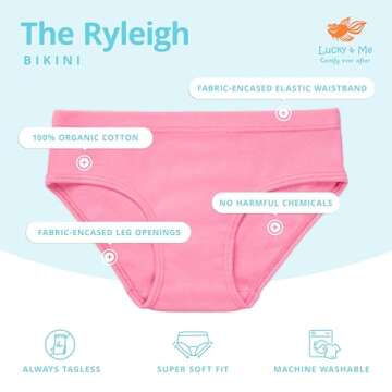 Lucky & Me Ryleigh Girls Bikini | Children's Organic Cotton Tagless Underwear | 7-Pack