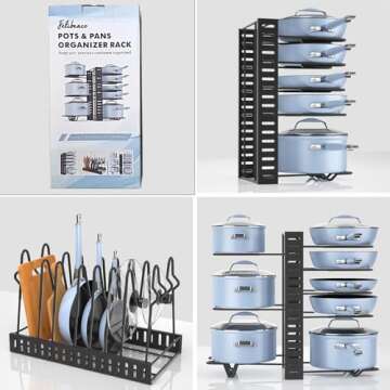 Felibeaco Adjustable Pots and Pans Organizer Rack for Cabinet, Metal Pans Pots Lids Storage Holder R...