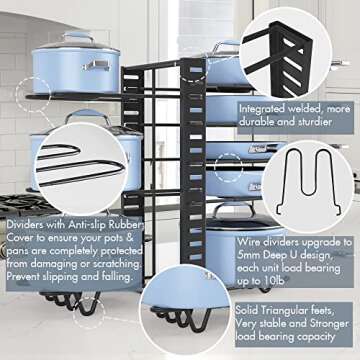 Felibeaco Adjustable Pots and Pans Organizer Rack for Cabinet, Metal Pans Pots Lids Storage Holder Rack with 3 DIY Methods for Kitchen, Counter,Black