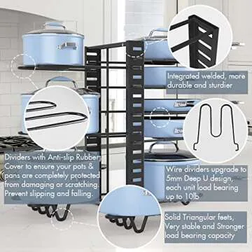 Felibeaco Adjustable Pots and Pans Organizer Rack for Cabinet, Metal Pans Pots Lids Storage Holder Rack with 3 DIY Methods for Kitchen, Counter,Black