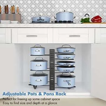 Felibeaco Adjustable Pots and Pans Organizer Rack for Cabinet, Metal Pans Pots Lids Storage Holder Rack with 3 DIY Methods for Kitchen, Counter,Black