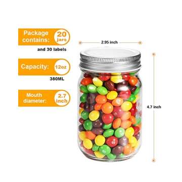 12oz Glass Jars With Lids Regular Mouth 20 Pack -Mason Jars 12 oz For Crafts, Meal Prep, Canning Jars For Food Storage Frascos De Vidrio Con Tapa Para Conservas-with 20 Chalkboard Stickers-Silver Lid