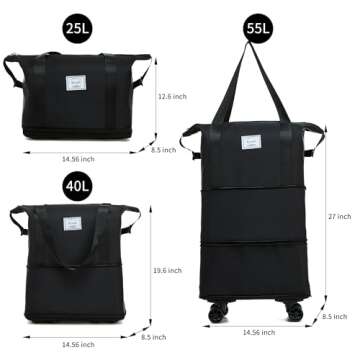 NiceUU Travel Rolling Duffel Bag with Removable Wheels,Expandable Foldable Carry-On Luggage for Trip or Hospitalization (black)