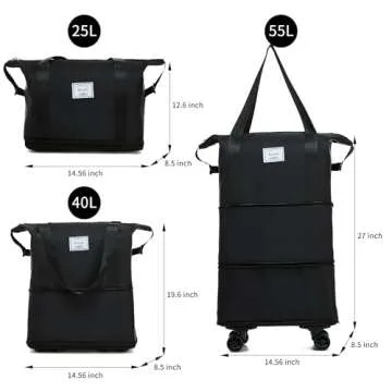 NiceUU Travel Rolling Duffel Bag with Removable Wheels,Expandable Foldable Carry-On Luggage for Trip or Hospitalization (black)