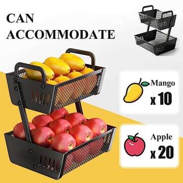 Fruit Basket Bowls For Kitchen Counter - Metal Fruit Stand with Handle - Kitchen Vegetables Bread Snacks Storage Organization, 2 Tier Black