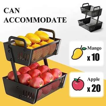 Fruit Basket Bowls For Kitchen Counter - Metal Fruit Stand with Handle - Kitchen Vegetables Bread Snacks Storage Organization, 2 Tier Black