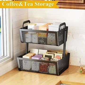 Fruit Basket Bowls For Kitchen Counter - Metal Fruit Stand with Handle - Kitchen Vegetables Bread Snacks Storage Organization, 2 Tier Black