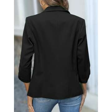 ELLEVEN Womens Blazer Business Casual Suit Jacket Slim Fit Fitted Ruched 3/4 Sleeve Petite Crop Blazer Dressy Full Lining Lightweight Outfits Coat Cardigan with Padded Shoulder Black Large