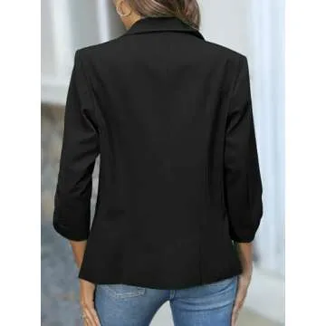 ELLEVEN Womens Blazer Business Casual Suit Jacket Slim Fit Fitted Ruched 3/4 Sleeve Petite Crop Blazer Dressy Full Lining Lightweight Outfits Coat Cardigan with Padded Shoulder Black Large