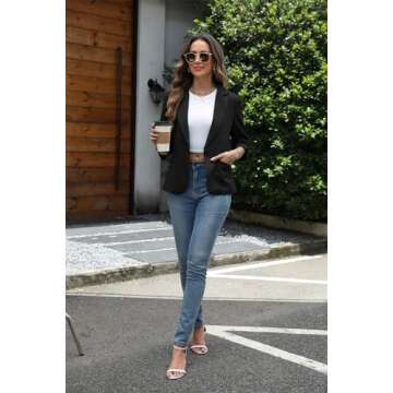 ELLEVEN Womens Blazer Business Casual Suit Jacket Slim Fit Fitted Ruched 3/4 Sleeve Petite Crop Blazer Dressy Full Lining Lightweight Outfits Coat Cardigan with Padded Shoulder Black Large