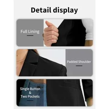 ELLEVEN Womens Blazer Business Casual Suit Jacket Slim Fit Fitted Ruched 3/4 Sleeve Petite Crop Blazer Dressy Full Lining Lightweight Outfits Coat Cardigan with Padded Shoulder Black Large